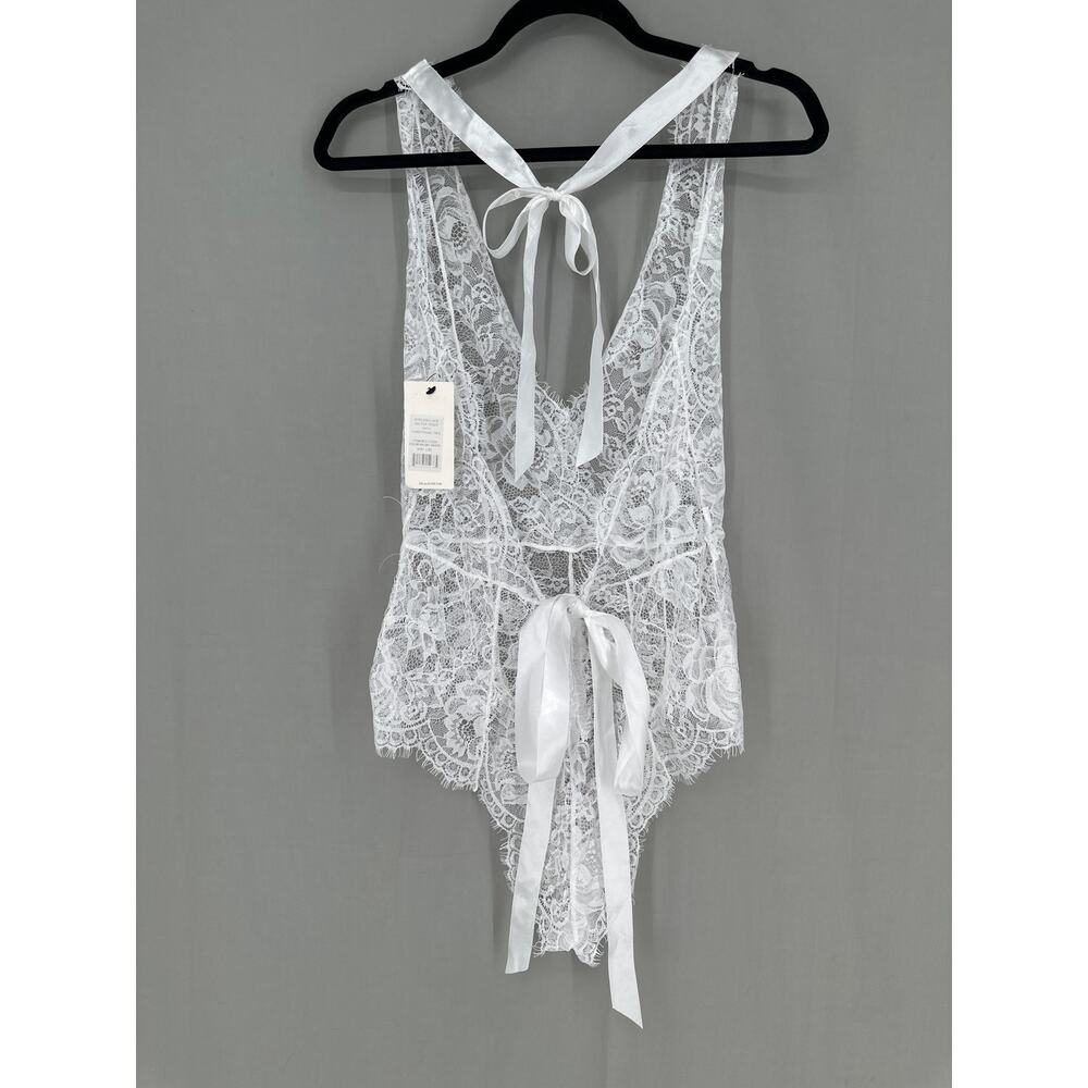 Oh La La Cherie Teddy Lingerie L XL White Eyelash Lace Halter Tie Bow Sheer New - Picture 6 of 8
